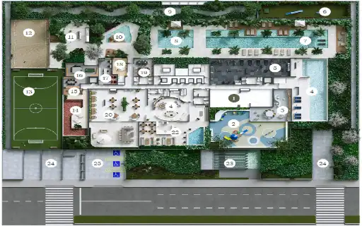 Infraestrutura do Bosque Alphagran - piscina e lazer